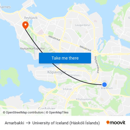 Arnarbakki to University of Iceland (Háskóli Íslands) map