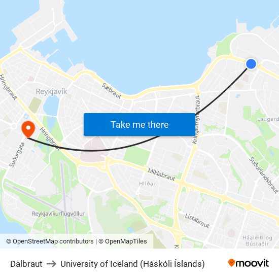 Dalbraut to University of Iceland (Háskóli Íslands) map