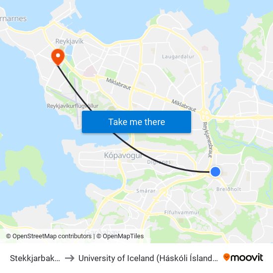 Stekkjarbakki to University of Iceland (Háskóli Íslands) map