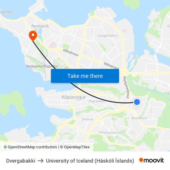 Dvergabakki to University of Iceland (Háskóli Íslands) map
