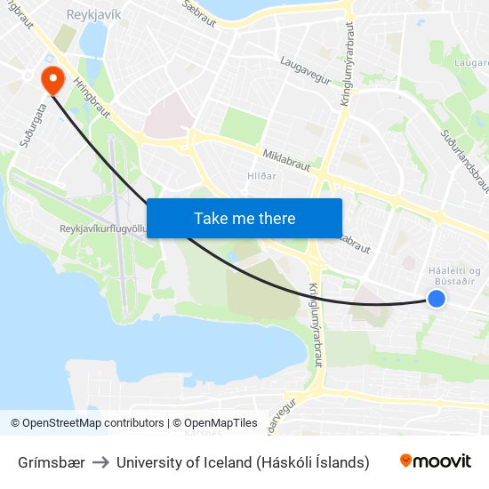 Grímsbær to University of Iceland (Háskóli Íslands) map
