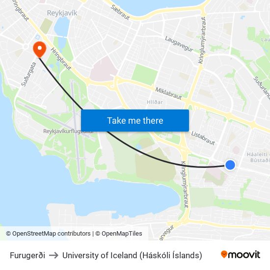 Furugerði to University of Iceland (Háskóli Íslands) map
