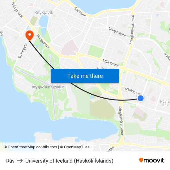 Rúv to University of Iceland (Háskóli Íslands) map