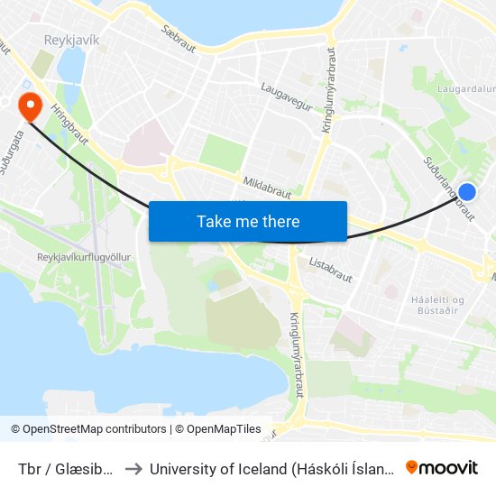 Tbr / Glæsibær to University of Iceland (Háskóli Íslands) map