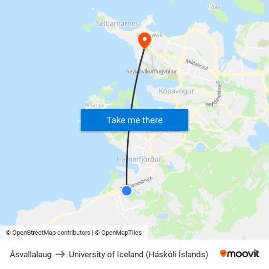 Ásvallalaug to University of Iceland (Háskóli Íslands) map
