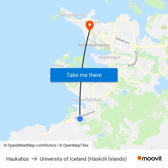 Haukahús to University of Iceland (Háskóli Íslands) map