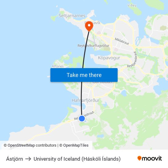 Ástjörn to University of Iceland (Háskóli Íslands) map