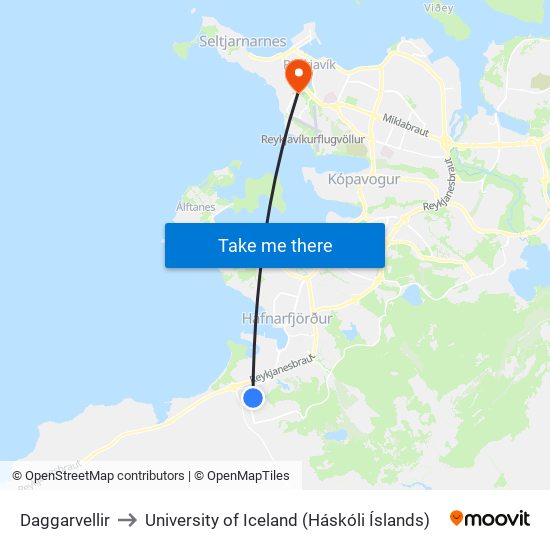 Daggarvellir to University of Iceland (Háskóli Íslands) map