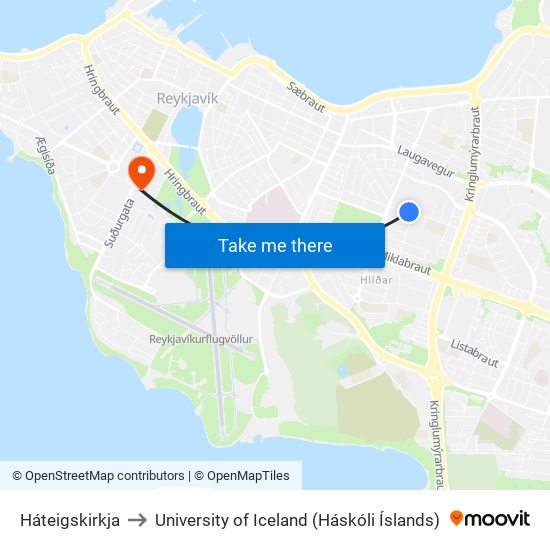 Háteigskirkja to University of Iceland (Háskóli Íslands) map