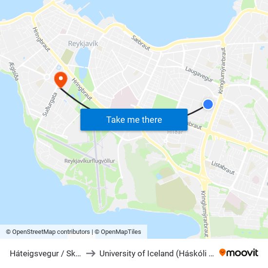 Háteigsvegur / Skipholt to University of Iceland (Háskóli Íslands) map
