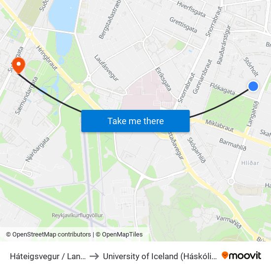 Háteigsvegur / Langahlíð to University of Iceland (Háskóli Íslands) map