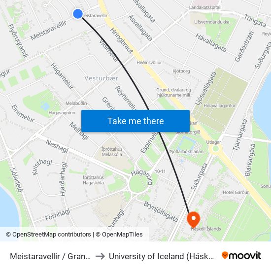 Meistaravellir / Grandavegur to University of Iceland (Háskóli Íslands) map