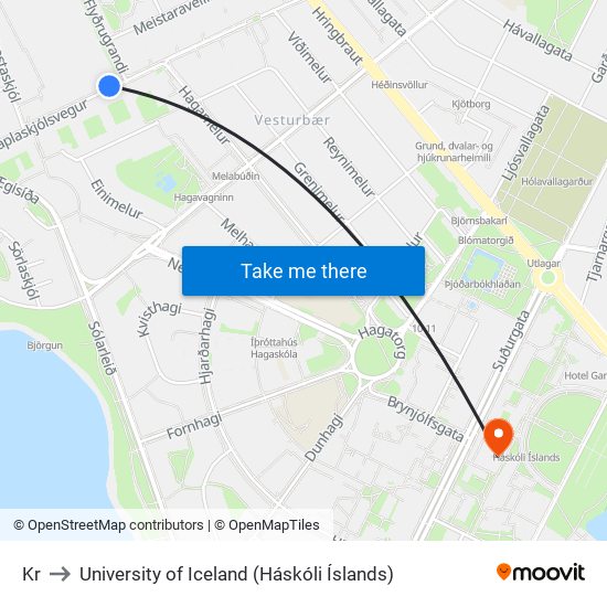 Kr to University of Iceland (Háskóli Íslands) map