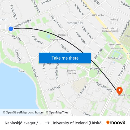 Kaplaskjólsvegur / Ægisíða to University of Iceland (Háskóli Íslands) map