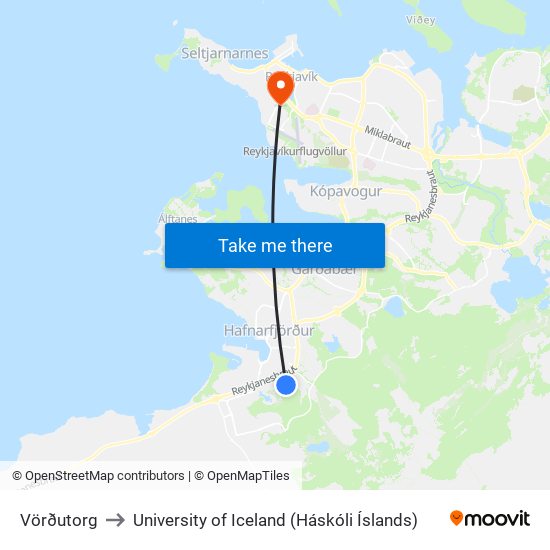 Vörðutorg to University of Iceland (Háskóli Íslands) map