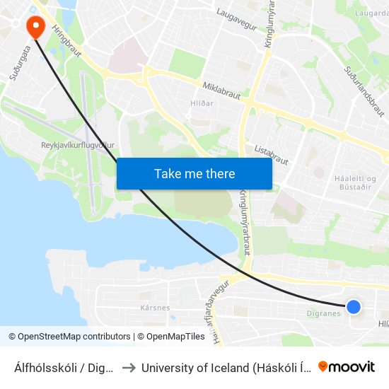 Álfhólsskóli / Digranes to University of Iceland (Háskóli Íslands) map