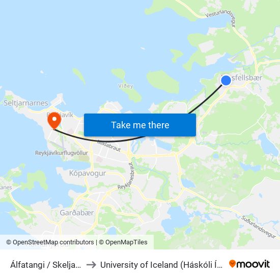 Álfatangi / Skeljatangi to University of Iceland (Háskóli Íslands) map