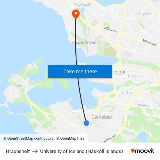 Hraunsholt to University of Iceland (Háskóli Íslands) map