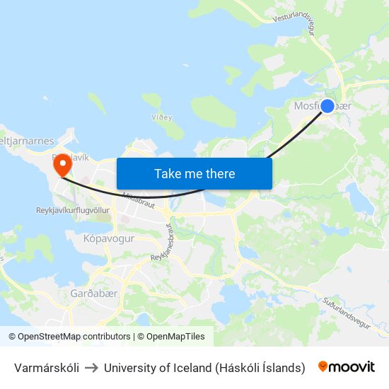 Varmárskóli to University of Iceland (Háskóli Íslands) map