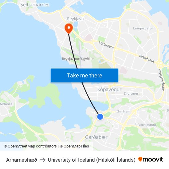 Arnarneshæð to University of Iceland (Háskóli Íslands) map