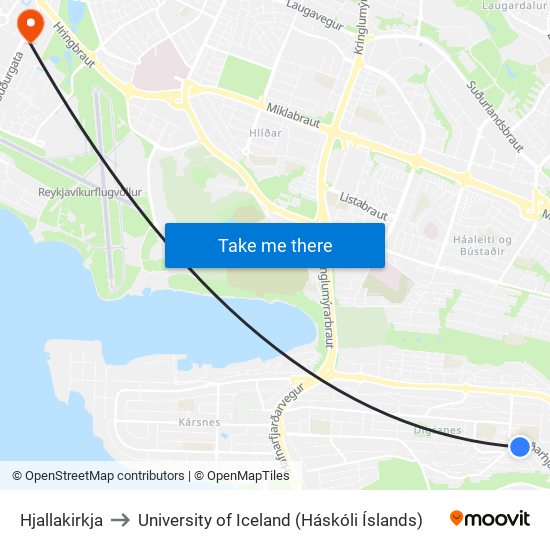 Hjallakirkja to University of Iceland (Háskóli Íslands) map