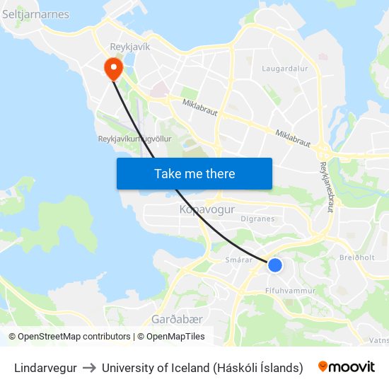 Lindarvegur to University of Iceland (Háskóli Íslands) map