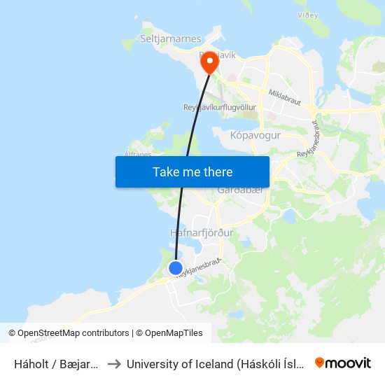 Háholt / Bæjarholt to University of Iceland (Háskóli Íslands) map