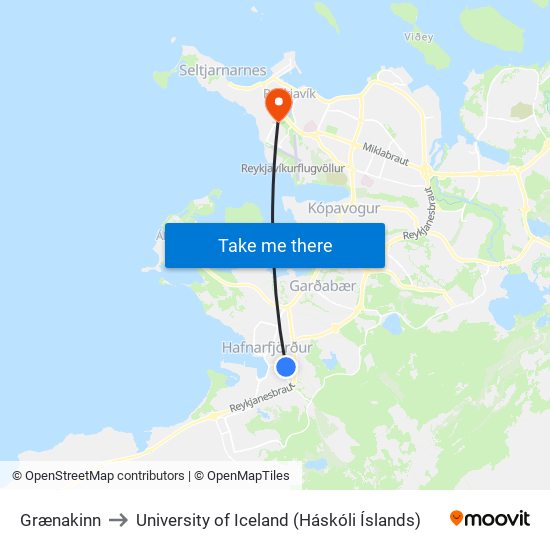 Grænakinn to University of Iceland (Háskóli Íslands) map