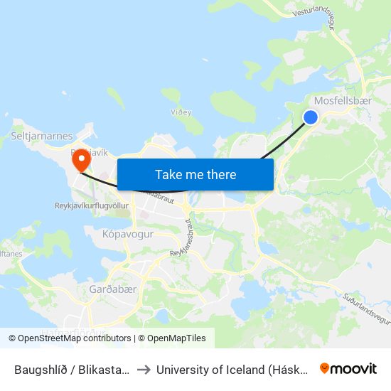 Baugshlíð / Blikastaðavegur to University of Iceland (Háskóli Íslands) map
