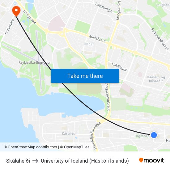 Skálaheiði to University of Iceland (Háskóli Íslands) map