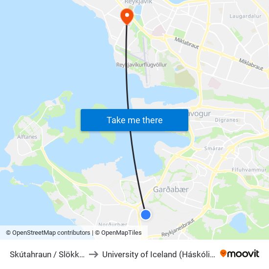 Skútahraun / Slökkvistöð to University of Iceland (Háskóli Íslands) map