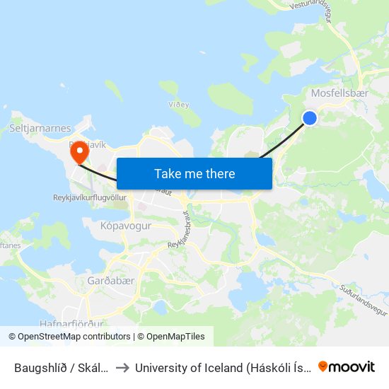 Baugshlíð / Skálatún to University of Iceland (Háskóli Íslands) map