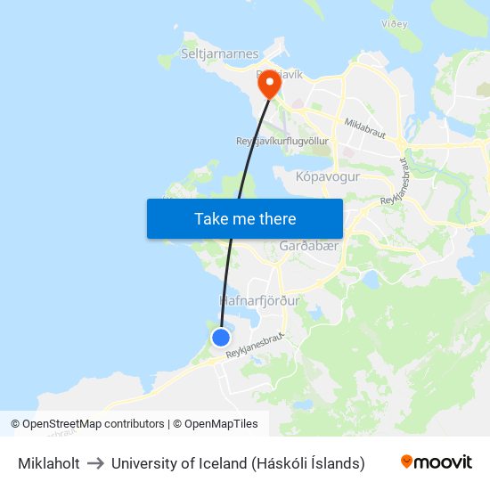 Miklaholt to University of Iceland (Háskóli Íslands) map