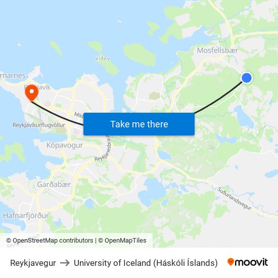 Reykjavegur to University of Iceland (Háskóli Íslands) map