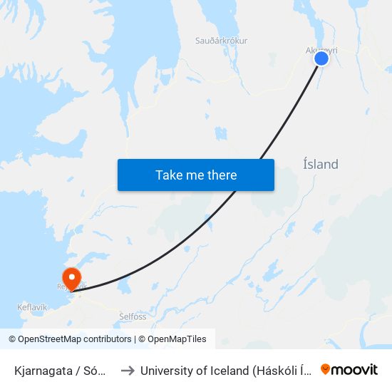 Kjarnagata / Sómatún to University of Iceland (Háskóli Íslands) map
