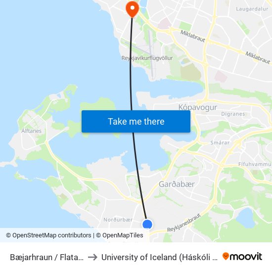 Bæjarhraun / Flatahraun to University of Iceland (Háskóli Íslands) map