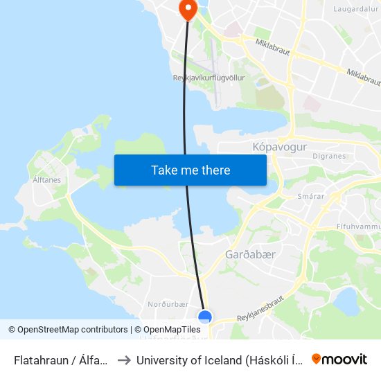 Flatahraun / Álfaskeið to University of Iceland (Háskóli Íslands) map