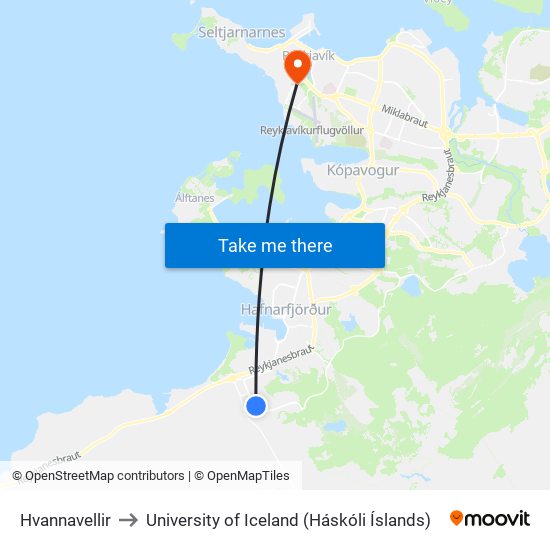 Hvannavellir to University of Iceland (Háskóli Íslands) map