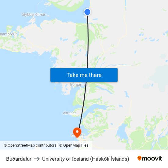 Búðardalur to University of Iceland (Háskóli Íslands) map