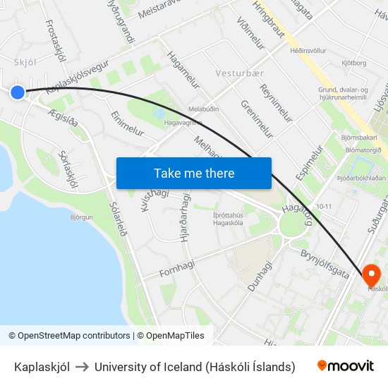 Kaplaskjól to University of Iceland (Háskóli Íslands) map