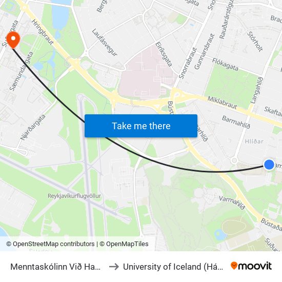 Menntaskólinn Við Hamrahlíð / Mh to University of Iceland (Háskóli Íslands) map