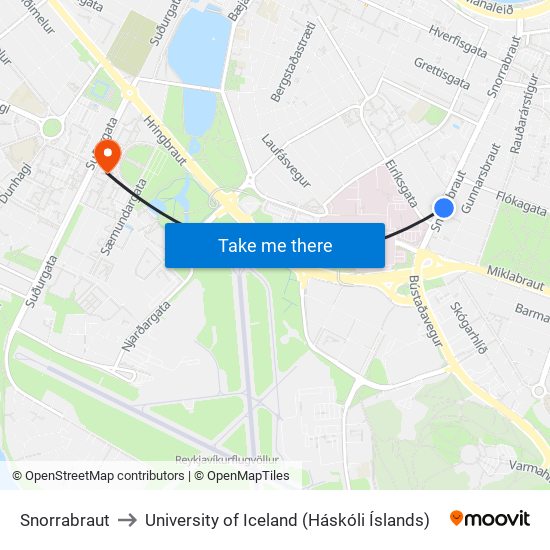 Snorrabraut to University of Iceland (Háskóli Íslands) map