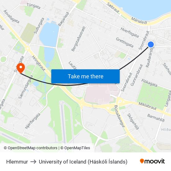 Hlemmur to University of Iceland (Háskóli Íslands) map