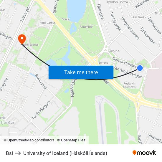 Bsí to University of Iceland (Háskóli Íslands) map