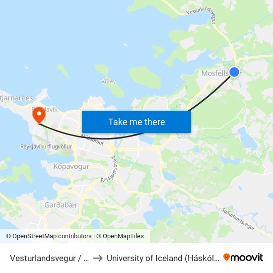 Vesturlandsvegur / Ásland to University of Iceland (Háskóli Íslands) map