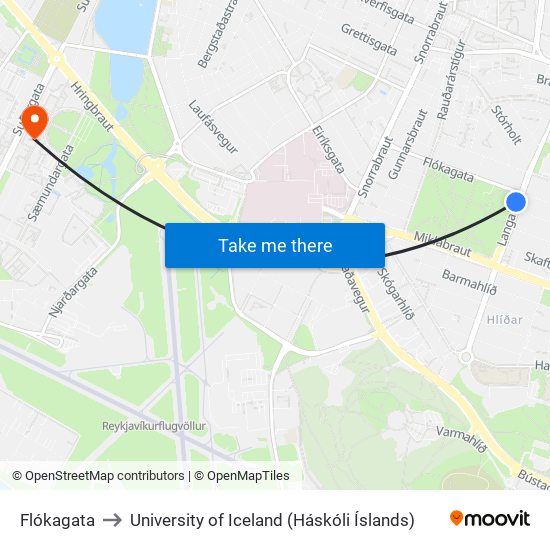 Flókagata to University of Iceland (Háskóli Íslands) map