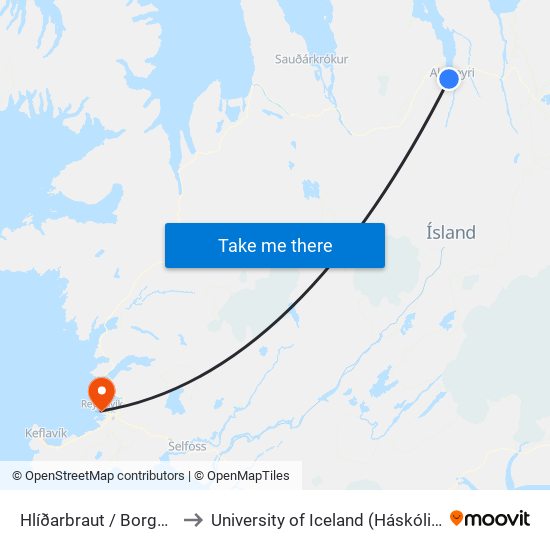 Hlíðarbraut / Borgarbraut to University of Iceland (Háskóli Íslands) map