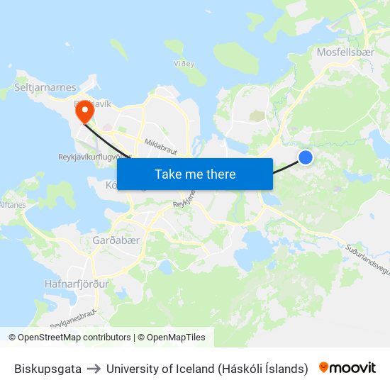 Biskupsgata to University of Iceland (Háskóli Íslands) map