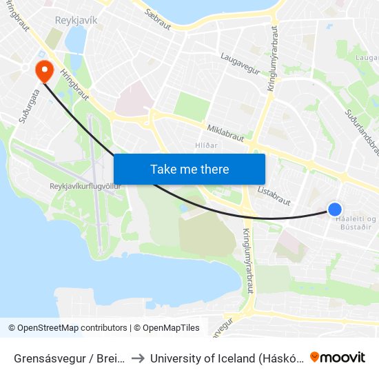 Grensásvegur / Breiðagerði to University of Iceland (Háskóli Íslands) map