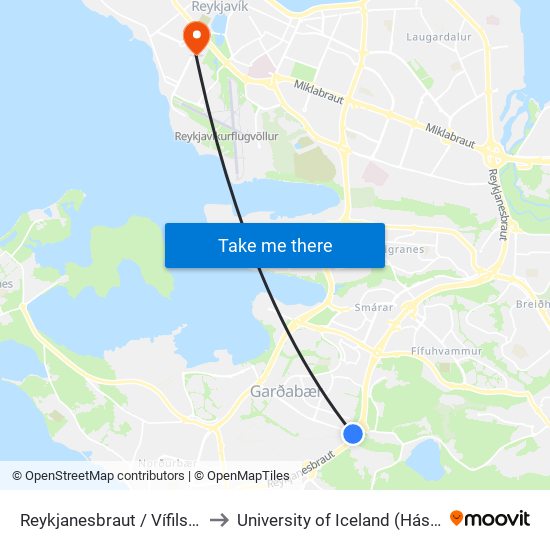 Reykjanesbraut / Vífilsstaðavegur to University of Iceland (Háskóli Íslands) map